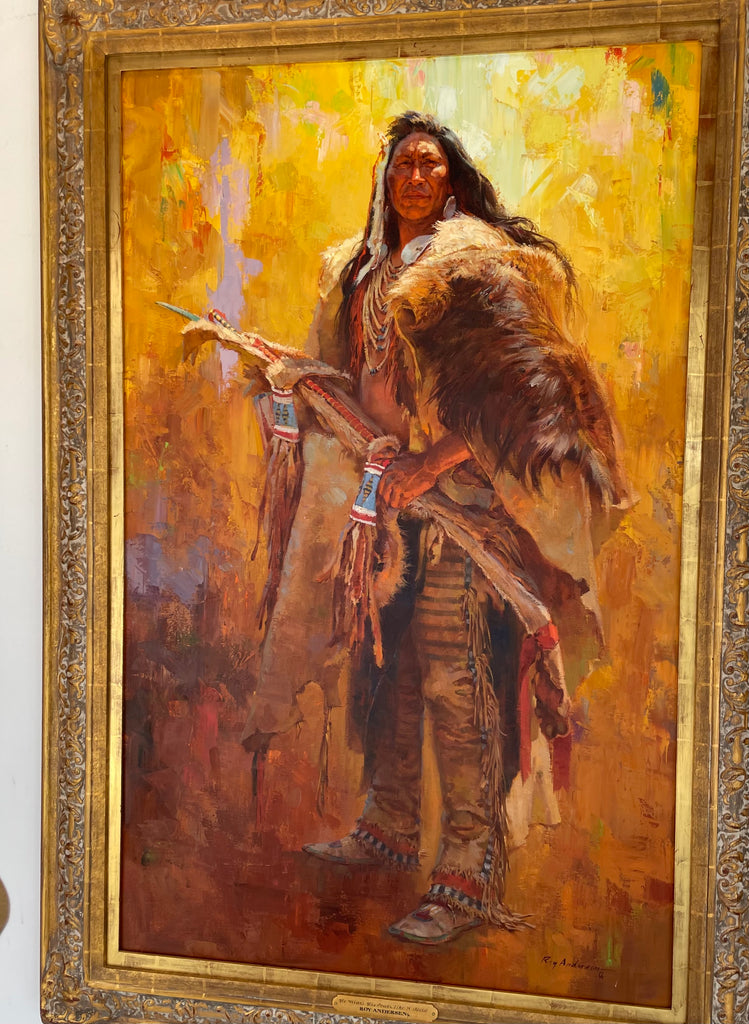 roy anderson paints with oil on canvas to create he wears his power like a sword which is signed lower right only on display at buffalo spurs gallery