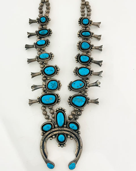 Vintage Navajo Stamped Sterling Silver And Turquoise Squash Blossom Necklace  | Good Tidings Style | Wolf & Badger